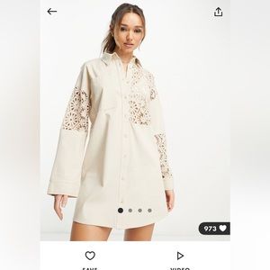 ASOS DESIGN Crochet Twill Patched Mini Shirt Dress in Cream